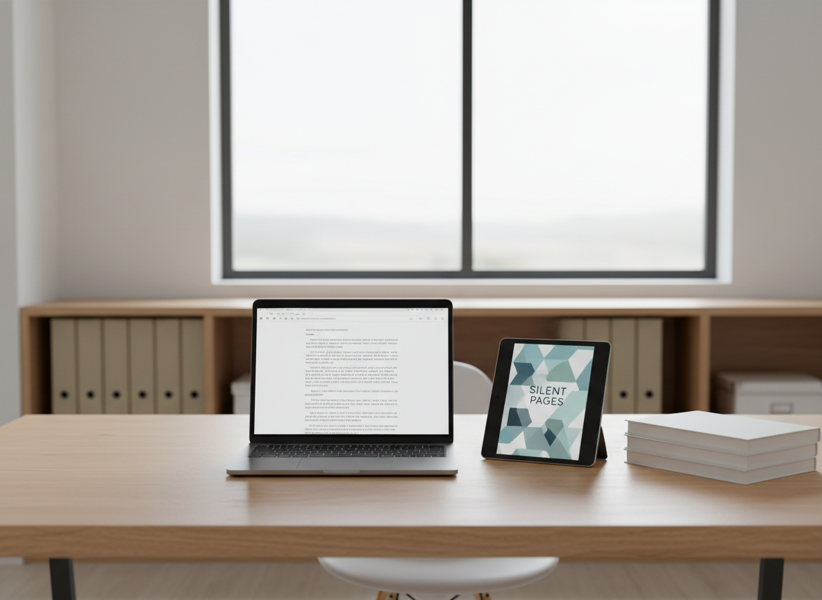 A sleek, modern wooden desk in a quiet home office, covered with neatly arranged tools of Kindle publishing: a slim silver laptop open to a manuscript page, a tablet displaying a stylized e-book cover, and a tidy stack of plain, unbranded paperback books with blank white covers suggesting future titles. Behind them, a large window lets in soft morning light that reflects gently off a matte white wall and light oak shelves filled with neutral-toned folders. The atmosphere feels focused, professional, and calm. Photographic realism, shot at eye level with a shallow depth of field, keeps the laptop and books in crisp focus while the shelves blur into a soft bokeh, emphasizing a dedicated space for serious, strategic self-publishing work.