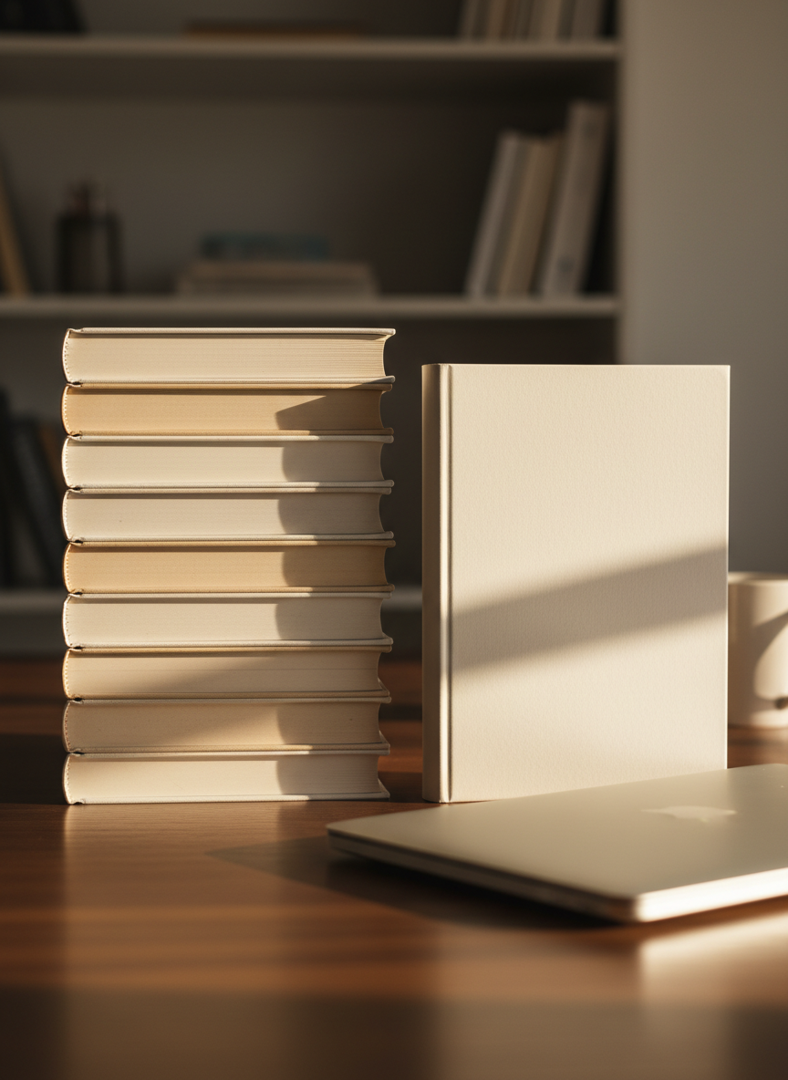 A close-up, side-angle shot of a stack of plain matte-finish paperback books in soft beige and white, neatly aligned on a dark wooden surface beside a closed laptop. One book is slightly pulled forward, its blank cover facing the camera to symbolize a yet-to-be-published expert work. Warm, late-afternoon sunlight from the right creates a gentle gradient of light and shadow across the book spines, adding depth and tactility to the paper texture. In the softly blurred background, a neutral-toned bookshelf and a ceramic mug suggest a quiet study. The mood is aspirational and professional, photographic realism with a shallow depth of field emphasizing the tangible outcome of Kindle publishing and trust-building content.