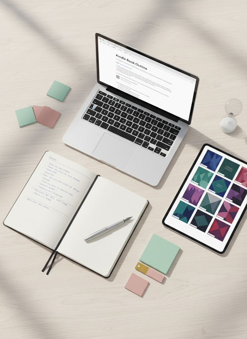 An overhead photographic view of a minimalist publishing workflow laid out on a pale wooden table: an open notebook with handwritten outlines, a pen resting diagonally, a laptop showing a clean document, and a tablet with a grid of abstract book cover thumbnails in muted jewel tones. Around them, color swatches, sticky notes without text, and a simple hourglass suggest planning and time management. Soft, diffused daylight from an unseen window washes across the scene, creating gentle shadows and a calm, organized mood. The composition follows subtle rule-of-thirds placement, with clear negative space for visual breathing room, evoking a professional, methodical approach to turning expertise into a Kindle book.